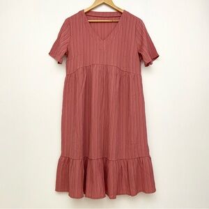 Dusty Rose Ruffle V-Neck Babydoll Midi Dress